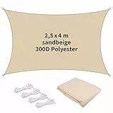 TTL Garden 2,5x4m Sonnensegel Rechteck Sand-beige - Premium Polyester 300D 160g/m² 93% Abschattung - reißfest & robust Sonnenschutz & Wetterschutz für Garten, Balkon & Terrasse, mit 4X Schnur 1,5m
