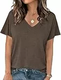 Crewhpo T Shirt Damen Kurzarm Shirts Sommer mit V-Ausschnitt Basic Shirt Einfarbige Casual Top Stretch Baumwolle Oberteile Lockeres Elegant Braun