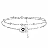 Hifeeled Hund Pfoten Fußkettchen Damen Silber 925 Doppelkette mit Kugelperlen Fusskettchen Sommer Barfuß Strand Fußketten Verstellbar |22cm+4|