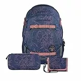 Coocazoo Schulrucksack-Set MATE „Sweet Rose“ 3-teilig, blau, ergonomischer 30L Tornister, mit Brust- und Hüftgurt für Kinder ab der 5. Klasse, inkl. Mäppchen und Geldbörse