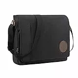 Leathario Umhängetasche Herren, Messenger Bag aus Echtleder und Canvas, Arbeitstasche Studententasche Laptoptasche 14-15,6 Zoll Schultertasche Kuriertasche Collegetasche Uni Studenten，Arbeit Schwarz