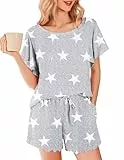 Ekouaer Schlafanzug Damen Kurz Pyjamas Set Nachtwäsche Kurzarm Zweiteiliger Casual Sommer Sleepwear Stern Grau M