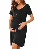 Bresdk Nachthemd Damen Schlafshirt Kurzarm Bamwolle Sommer Nachtwäsche mit Knopfleiste Schwarz M