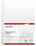 OFFICE PRODUCTS Prospekthüllen / 100 Stück/Din A4/ Glasklar Oben Offen Klarsichthüllen Sicht-Hüllen Gelochte Plastikhülle für Dokumente Papiere Akten Ordner/PP/Transparent 45 Mikron Dokumentenhülle