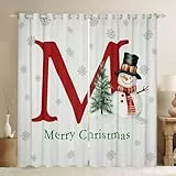 Homewish Weihnachtsornament Vorhänge Monogramm Schneemann Initial M Verdunklungsvorhänge 137x117(HxB) Winter Magische Schneeflocke Gardienen Weihnachtsbaum Rot Grün 2 Paneele Türvorhang Blickdicht
