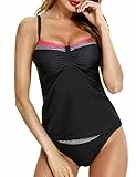 Aottori Damen Tankini Set V-Ausschnitt Badeanzug Set Push up Bademode Zweiteiliger Sexy Swimsuit Schwarz XXL