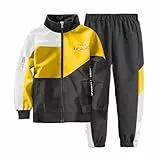 linboo Kinder Jungen Trainingsanzug Farbblock Jogginganzug Freizeitanzug Sport Bekleidungsset 2tlg Sweat-Jacke + Jogginghose Polyester, Gelb, 140-146