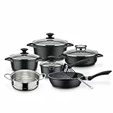 GSW Kochtopf- und Pfannenset Gourmet Granit – hochwertiges Set bestehend aus Töpfen, Kasserolle, Pfanne und mehr, inkl. Deckel, auch für Induktion – Aluguss, 10-teilig, Schwarz