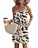 WNEEDU Sommerkleid Damen Ärmellose Strandkleid U Ausschnitt Kordelzugkleid Luftiges Kleid Sommer mit Taschen Aprikosen Schwarz Blatt S