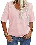 VEUNCOS T-Shirt Damen V-Ausschnitt Baumwolle Basic Bluse Solide Tunika Sommer Tops Rosa XL