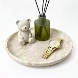 WORHE Waschtischtablett für Badezimmer, Kommode, Ablage, Wohnaccessoires 26 cm D x 3 cm H Rundes Dekotablett Travertin für Kerzen, Parfums, Schmuck, Pflanzen Naturstein-Organizerschale Beige (DEN53)