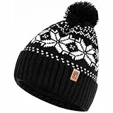 HEYO Mütze Damen Herren Norweger Mütze Bommelmütze Unisex Wintermütze Dick Gefüttert Warm (Schwarz)