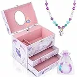 Anyiner Ballerina Schmuckkästchen für Mädchen, Kinder Spieluhr mit drehender Ballerina, 2 Schubladen und Einhorn Schmuckset, Musikkästchen Geschenk für Kinder Mädchen