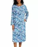 ENJOYNIGHT Damen Lang Flanell Nachthemd Langarm Schlafshirt Knopfleiste Schlafhemd mit Taschen (X-Large,Blauer Buchstabe)