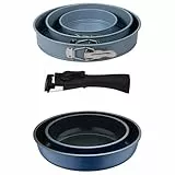 Bergner Click&Cook Pfannen-Set, 2-teilig, Ø 22 x 26 cm, Aluminiumguss, blau, mit abnehmbarem Griff + 3-teiliges Backformen-Set Ø 12 Ø 18 Ø 22 cm