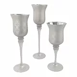 Multistore 2002 3er Set Kerzenständer Glas mit Schneeflocken Motiv H27,5/33/38cm Silber Kerzenhalter Kerzenleuchter Glaskelch Teelichthalter Weihnachtsdekoration Weihnachtsdeko Windlicht