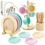 GAGAKU Holzspielzeug Kinderküche Geschirr Set - 27-teiliges Kinder Teeservice aus Holz mit Aufbewahrungsständer, Montessori-Spielzeug für Kinder 3-5 Jahre（Neueste Ausführung）