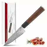 EKVALLY KÄPY Allzweckmesser kleines Santoku Damastmesser 14 cm Klinge - Damast Küchenmesser scharf - mit oktagonalem Palisander-Holzgriff