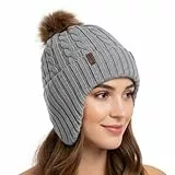 Comhats Winter Merino Wolle Pompom Beanie für Frauen Fleece gefüttert Ohrklappe Warme Mode Kaltes Wetter Ski Outdoors Schnee Strickmütze Mittel Grau