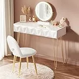 EUGAD Schminktisch mit Spiegel und Hocker, LED Beleuchtung, Samtstuhl, Frisiertisch mit 3 Schubladen, Modern Design, Einfache Montage, Weiß Hochglanz, Goldene Metallbeine, 100 cm Breite, 0054SZT