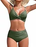 Nadeer Damen Bikini Set V Ausschnitt Crossover Zweiteiliger Badeanzug mit Perlen Elegant High Waist Bademode Push Up Bauchweg Swimsuit