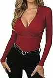 Wenrine Damen Pullover Tiefer V-Ausschnitt Wickel Sexy Strickpullover Herbst Winter Langarmshirt Slim Fit Oberteile(Weinrot,S)