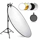 NEEWER 110cm Lichtreflektor Set, 5 in 1 Faltbarer runder Reflektor (durchscheinend/Silber/Gold/Weiß/Schwarz) mit Klemme, Montageadapter und 53-110cm Ständer, für Kinderfotografie im niedrigen Winkel