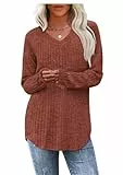 WIHOLL Pullover Damen Tunika Oberteile Top V-Ausschnitt Langarmshirt Weich Herbst Winter Casual Curved Saum Leichte Longshirt Damen Orange L