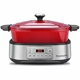 Homtone Schongarer & Multikocher 6-in-1, 5,5L Slow Cooker Programmierbarer Abnehmbarer Emaille-Schmortopf, Keramik-Antihaftbeschichtung, Langsames Garen, Anbraten, Dämpfen mit Dampfgarrost, Rot