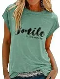 CMTOP T-Shirt Damen Sommer Oberteile Rundhalsausschnitt Kurzarm Bedruck Tshirt Casual Lockere Flügelärmel Top Damen Basic Shirt Elegant Tunika Bluse (Grün, S)