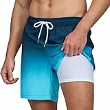 outfit spring Badehose Herren Schnelltrocknend mit Reißverschlusstasche, 2-in-1 Badeshorts für Herren mit Kompressions-Innenhose, Boardshorts Männer für Strand, Pool & TrainingV0 Verlaufblau, XXL