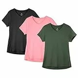 icyzone Damen Sport Fitness T-Shirt Kurzarm V-Ausschnitt Laufshirt Gym Top Funktionsshirt, 3er Pack (M, Solid Black/Pale Pink/Dark Green)