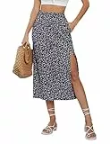 KOJOOIN Damen Rock mit Schlitz A-Linie Blümchen Midirock Boho Split Blumenrock Geblümt Strandrock Floral Freizeitrock Hohe Taille Print Röcke (Verpackung MEHRWEG), A-Blumen-Schwarz, S