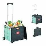 Relaxdays Einkaufstrolley, klappbar, Einkaufskorb mit Rollen, Deckel & Teleskopgriff, bis 35 kg, Rollkiste, türkis/grau