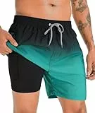 APTRO Herren Badehose Badeshorts Schwimmhose Board Shorts Kurz Schnelltrocknend 2 in 1 Strand Shorts mit Innenhose Grün MK183 L