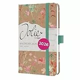 SIGEL J6806 Wochenkalender 2026 A6, grün, rosa, Hardcover aus Kraftpapier, Gummiband, Stiftschlaufe, 174 Seiten, vegan, Buchkalender, Terminplaner Taschenkalender Jolie
