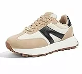 LUCKY STEP Damen Plateau Sneaker – Retro Klassische Turnschuhe, Modische Schnürschuhe für Laufen, Tennis & Alltag (Beige/Schwarz, 8.5US-39EU-6UK)