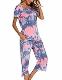 ENJOYNIGHT Damen Schlafanzug Baumwolle Sommer Kurz Pyjama Set Kurzarm Shirt mit 3/4 Lange Capri Hose Nachtwäsche (X-Large,Blau Rosa)