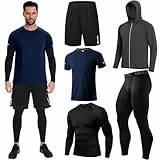 Herren Sport Laufset (5er Pack) Athletisches Shirt+Short/Kompressionsshirt+Hose mit Mantel Trainingsanzug Gym Anzüge Dunkelblau 5P02 2XL