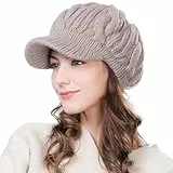 Fancet Damen gestrickte Barett Mütze Dicke Strickmütze mit Visor Baskenmütze Schirmmütze Biege M