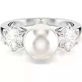 Swarovski Matrix Cocktailring, Weißer, Rhodinierter Ring mit Kristallperle und Strahlenden Kristallen im Rundschliff