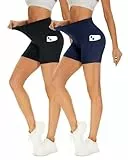 Missluck 2er Pack Radlerhose Damen Hohe Taille Kurze Sporthose Shorts Sommer Leggings Blickdicht Hotpants Unter Kleider für Yoga Sport, S-M, Schwarz/Marineblau-mit Taschen