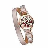 JewelryWe Schmuck Ätherisches Öl offenes Lederarmband Halskette, Aromatherapie ätherisches Öl Diffusor Medaillon Armband 316L Edelstahl Lebensbaum Kette + 10 Pads