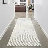 carpet city Teppich Wohnzimmer Hochflor Creme - Läufer 80x300 cm - Hochtief-Muster, 3D-Effekt Streifen - Bettvorleger Schlafzimmer Teppiche Boho, Skandi