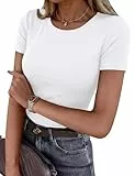 Totatuit T-Shirt Damen Basic Rundhals Sommer Kurzarm T-Shirt Slim Fit Dehnbar Casual Einfarbig Oberteile Unterziehshirt Weiß M