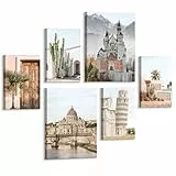 6 Sets Neues Schwan Stein Schloss Wandbilder Mit Rahmen, Schiefer Turm von Pisa Leinwand Bilder deko Petersdom Basilika Bild Auf Leinwand Saguaro Kaktus Kunstdruck Wanddeko für Schlafzimmer Wohnzimmer