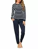 Bresdk Schlafanzug Damen Lang Pyjama Set Langarm Baumwolle Winter Nachtwäsche Frauen Dunkelblau L