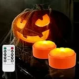 Gobesty 2er halloween kürbis deko licht mit Fernbedienung, Halloween Kerzenlampe Deko Batteriebetrieb, Flammenlose Kerzenlicht Led Dimmbar Spot Nachtlicht für Treppen Vitrine Schrank Halloween Kürbis
