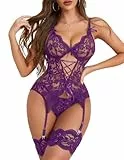 BEINF Dessous Sets für Damen Spitzen Body mit Oberschenkelmanschetten Einteiliger Body Teddy Unterwäsche mit Höschen, Strümpfe, Strumpfhosen Lila XL