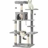 MSmask Kratzbaum groß, L Katzenbaum Stabil, Katzenkratzbaum mit Plattformen, Katzenhöhlen, Hängematte, Sisalsäulen, mehrstöckiger Kletterbaum für Katzen (Hellgrau)